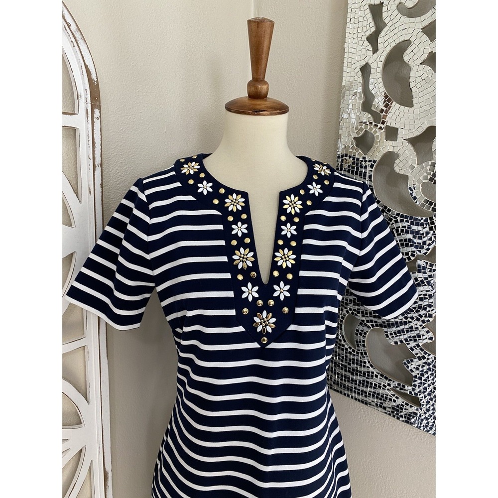 MICHAEL KORS small NAVY WHITE STRIPE FLORAL STUD NECK SHORT SLEEVE SHEATH DRESS - Picture 2 of 6